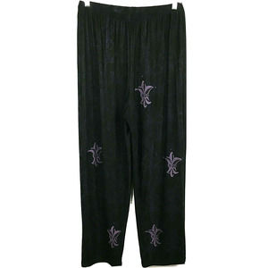 JGs Mad Lab Pants Womens Sz L Dark Purple‎ Art To Wear Fleur De Lis Wide Leg